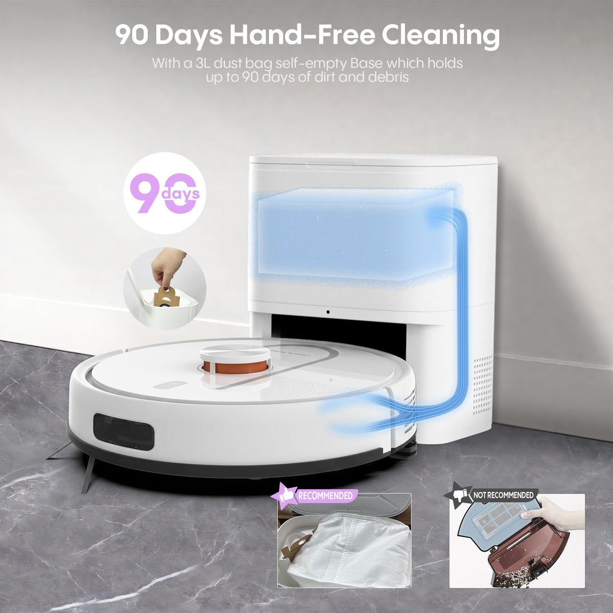 Bagotte Robot Vacuum and Mop Combo, 6000Pa LiDAR Navigation Robotic Vacuum with Mapping, Self-Emptying Station for 90 Days Hands-Free Cleaning, Wi-Fi/App/Voice Control, for Carpets&Hard Floors