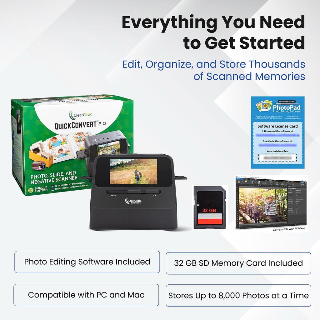 ClearClick QuickConvert 2.0 Photo, Slide, and Negative Scanner - Scan 4x6 Photos & 35mm, 110, 126 Film - No Computer Required - 22 MegaPixels