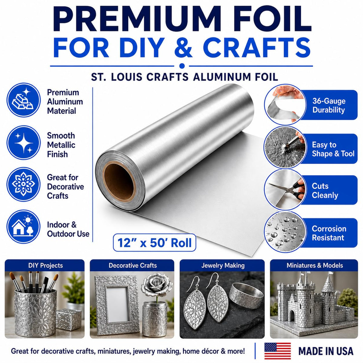 St Louis Crafts 36 Gauge Aluminum Metal Foil Roll, 12 Inches x 50 Feet