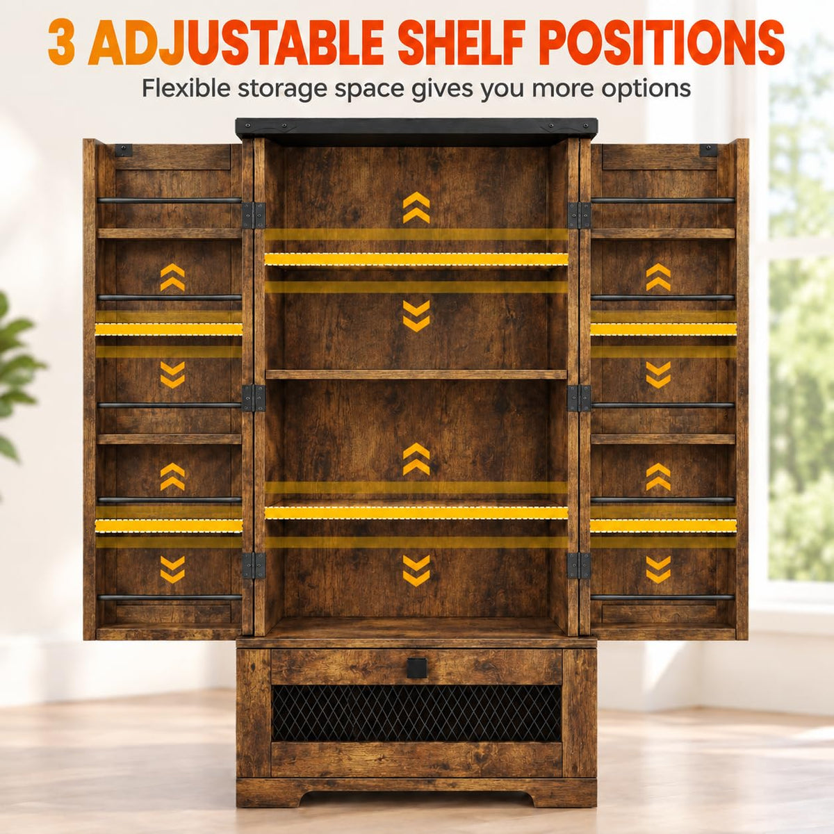 Sewing Cabinet with Storage, 47" Tall Craft Organizer for Sewing Machine, Double Doors with Thread Shelves, Adjustable Interior Shelves and Bottom Drawer (Brown)