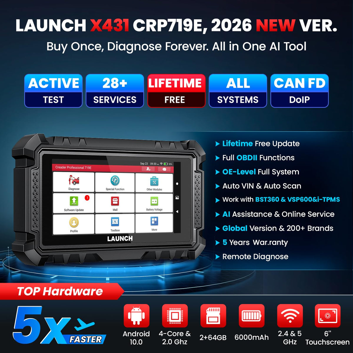 LAUNCH X431 CRP719E Full Bi-Directional OBD2 Scanner, Lifetime Free Updates