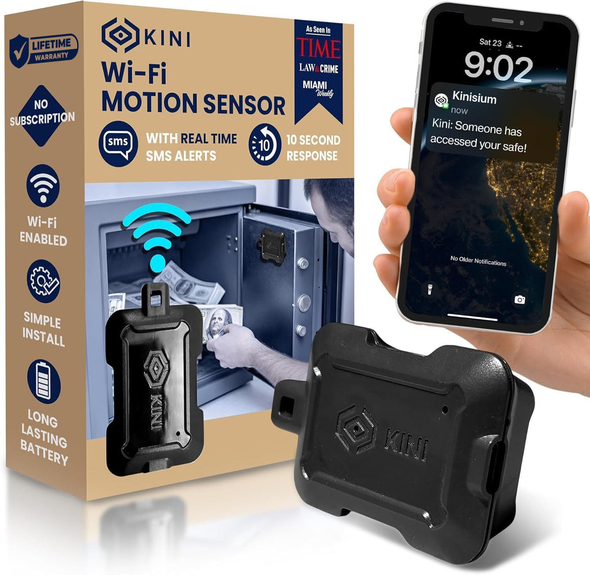 Kini Wi-Fi Motion Sensor Alarm & Tamper Alert- Instant App, SMS & Email Alerts - Gun Safes, Cabinets, Drawers - Easy Install, No Subscription, Rechargeable 12-18 Month Battery, IFTTT