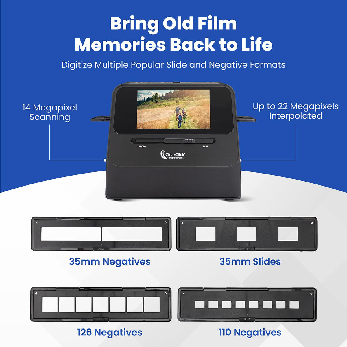 ClearClick QuickConvert 2.0 Photo, Slide, and Negative Scanner - Scan 4x6 Photos & 35mm, 110, 126 Film - No Computer Required - 22 MegaPixels