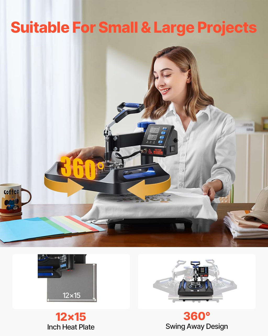 VEVOR Heat Press Machine 12 x 15 Inch 8 in 1 Heat Press Sublimation Machine 360° Rotation Swing Away 8 in 1 Shirt Printing Machine Dual-Tube Heating for DIY T-Shirts Cap & Mugs Blue
