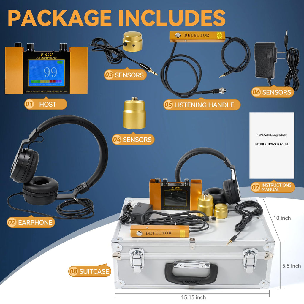 Underground Water Leak Detector, Water Pipe Leak Monitor w/ Dual-Size Sensors for Precise Positioning, High-Sensitivity Digital Display, Ultrasonic & 4-Level Adjust, Includes Earphone & Carrying Case