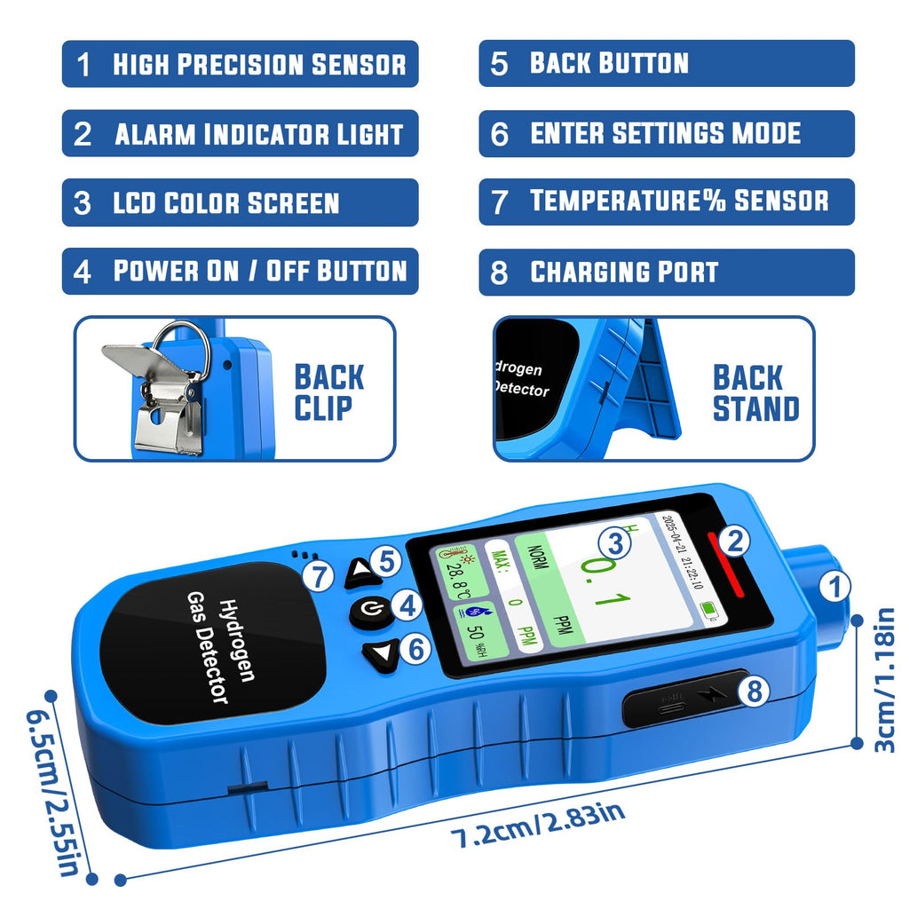 Hydrogen Gas Detector 0-1000 PPM, 0.1 PPM High Accuracy H2 Monitor with 3 Types Alarm, Rechargeable Hydrogen Meter, Portable H2 Air Quality Meters with Temperature Humidity Tester
