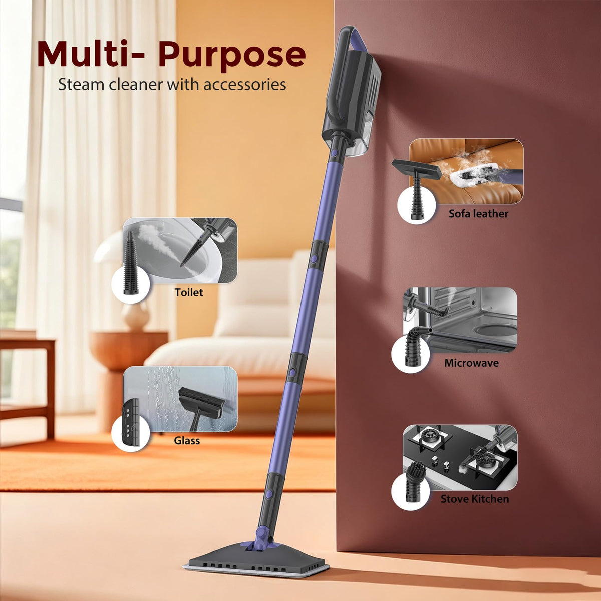 Steam Mop 6-in-1 Multi Accessories, Lager Removable Water Tank, 23FT Power Cable, Lightweight, Steam Cleaner for Floor Cleaning, Hardwood(Orchid)