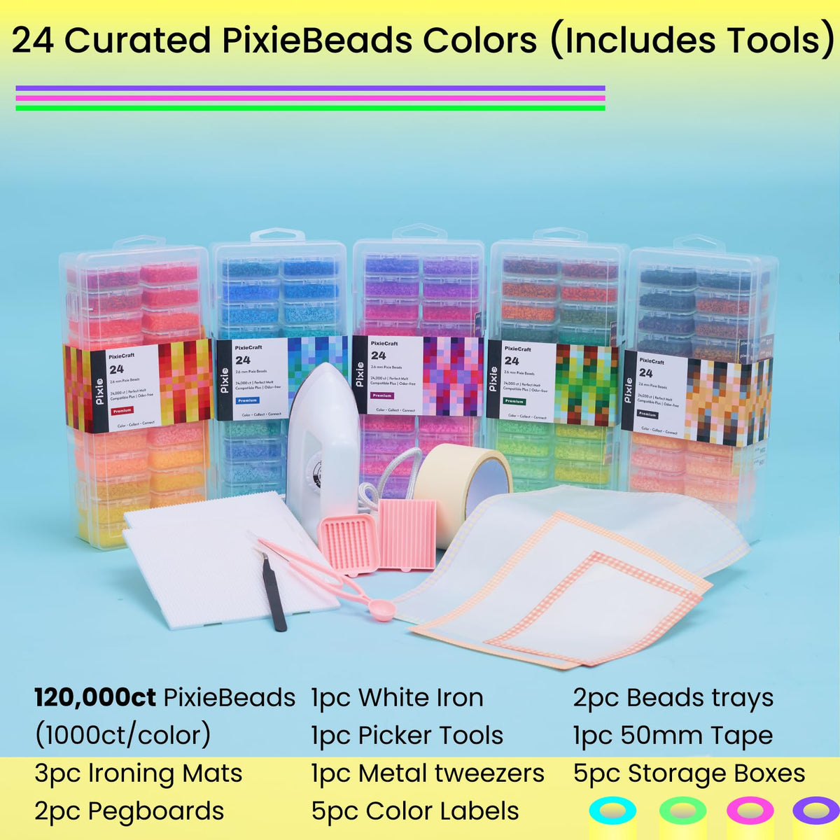 120,000 2.6mm Fuse Beads Kit, 120 Colors PixieBeads 131 pcs with Storage, Pegboards, Iron, Tweezers, Trays, Bead Pen, Mats, Pixel Art Craft Kits for Adults, Teens (All in One)
