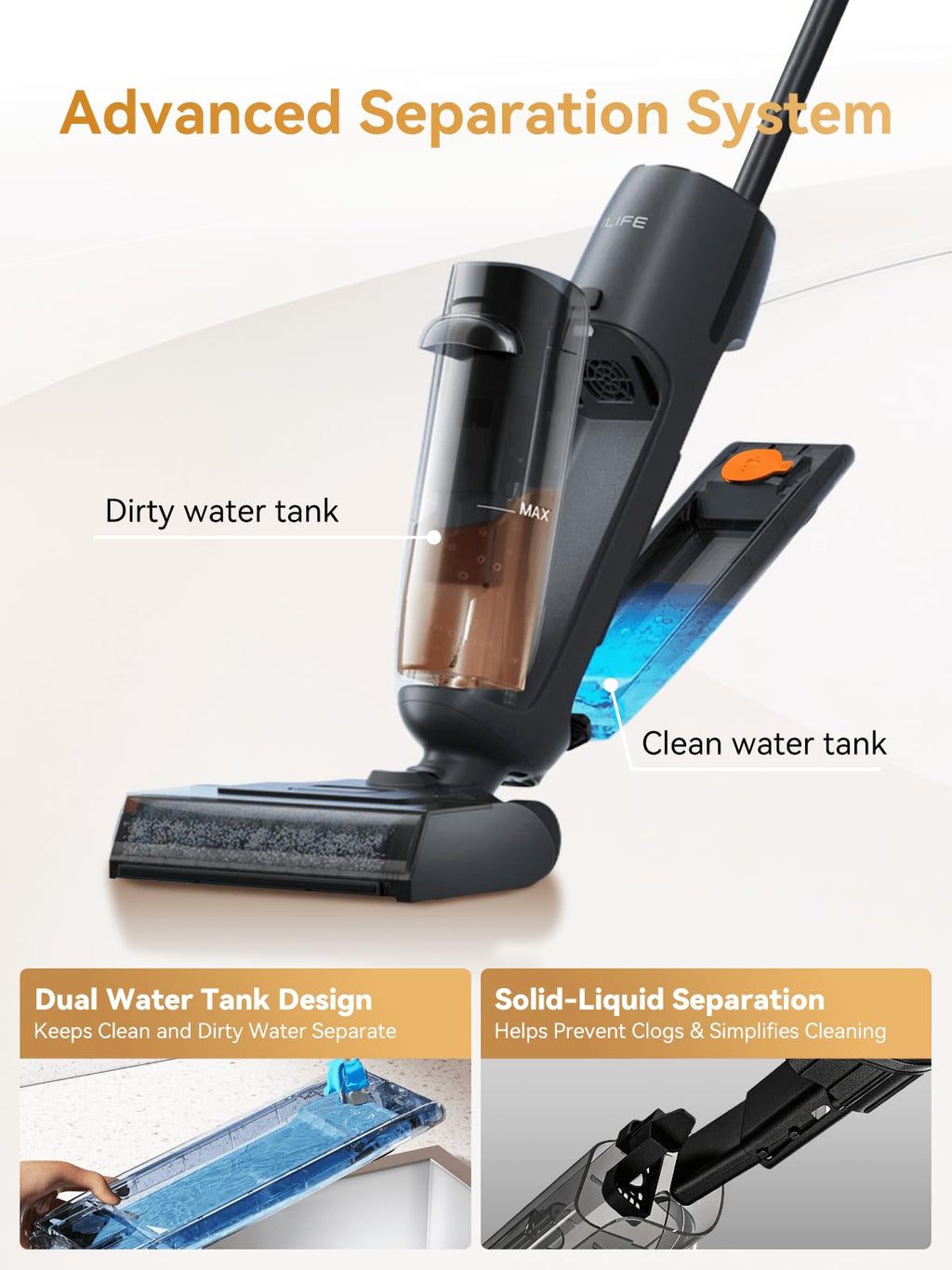 ILIFE D90 Cordless Wet Dry Vacuum Cleaner, Vacuum and Mop for Hard Floor, Sticky Messes and Pet Hair, Self-Cleaning, 2100 RPM Anti-Tangle Brush Roll, Dual Tanks, Up to 35 Mins Runtime,Black