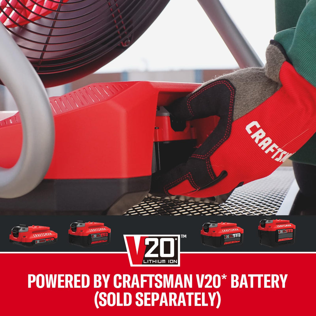 CRAFTSMAN V20 Cordless 12" Portable Fan, Battery Powered Fan, AC/DC Dual Supply, AC Adapter included, 1400 CFM, 3-Speed Settings, 130° Tilt for Garage, Workshop, Outdoor and Patio