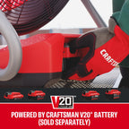 CRAFTSMAN V20 Cordless 12" Portable Fan, Battery Powered Fan, AC/DC Dual Supply, AC Adapter included, 1400 CFM, 3-Speed Settings, 130° Tilt for Garage, Workshop, Outdoor and Patio
