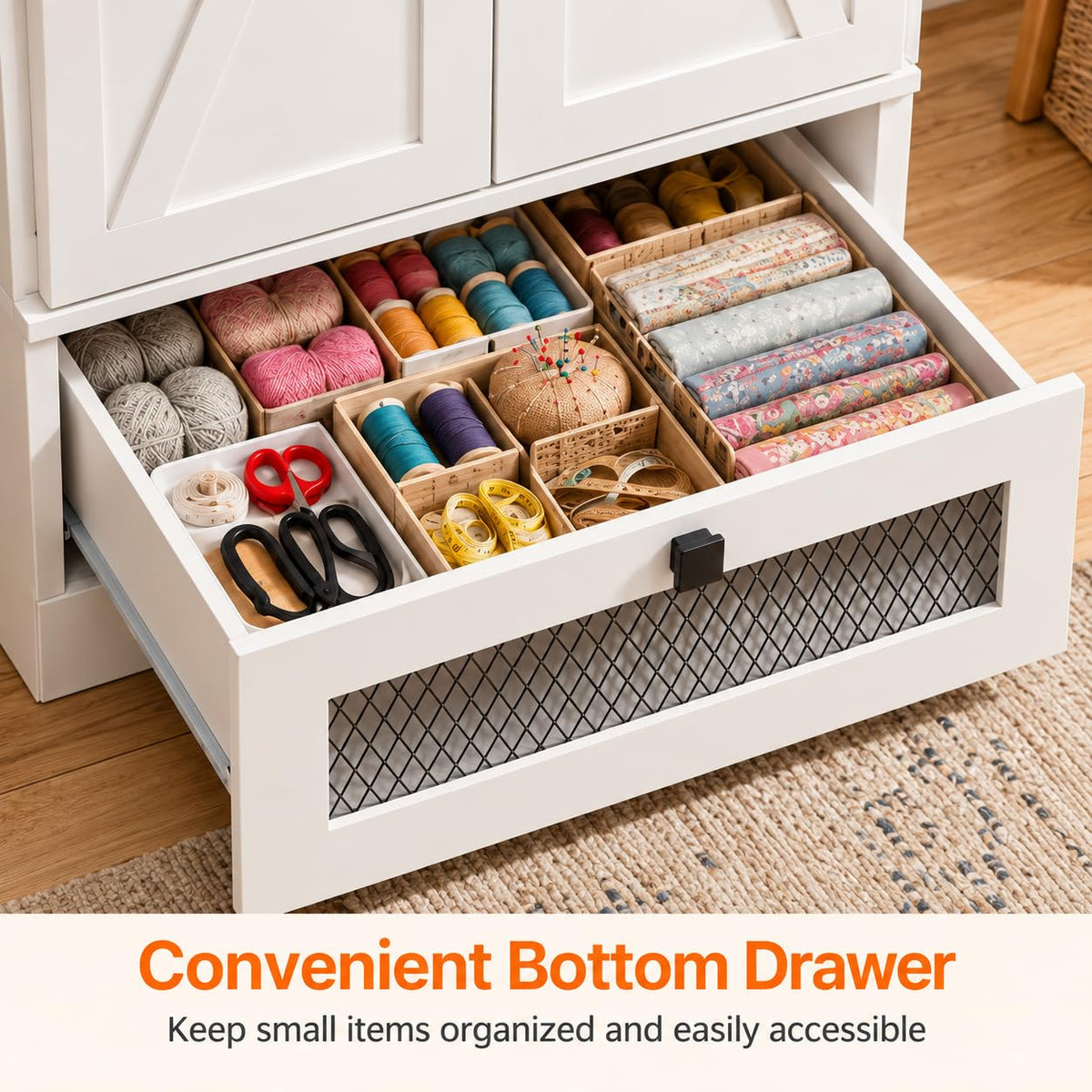 55" Tall Sewing Cabinet with Storage, Craft Storage Cabinet with Adjustable Shelves, Double Doors with Storage Shelves and Large Drawer, Farmhouse Storage Organizer for Sewing Supplies, White