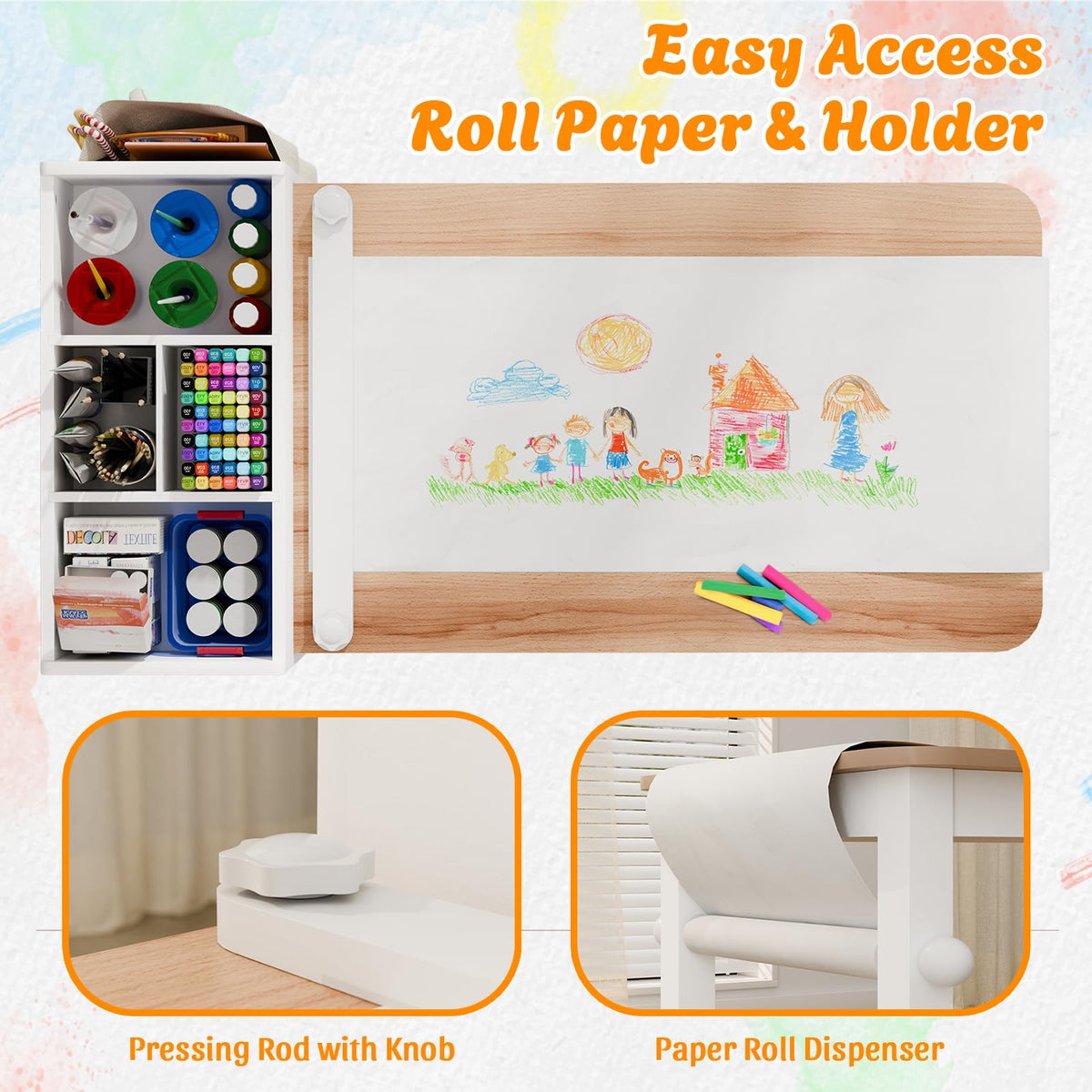 Kids Art Table and Chair Set with 2 Chair & Bins, 41" L x 20" W, Natural