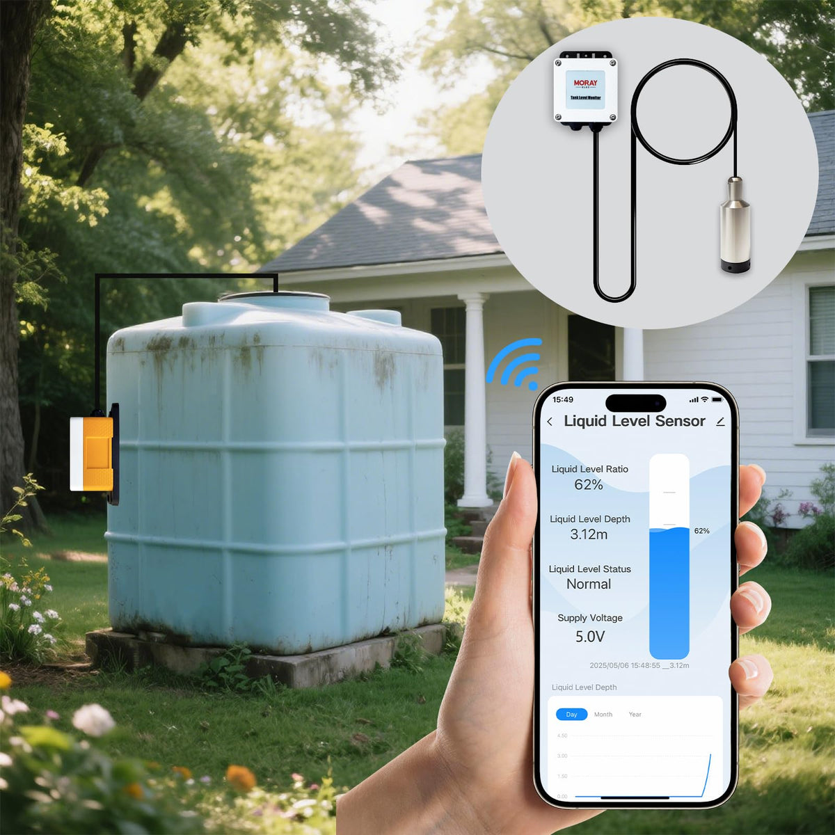 Moray Smart WiFi Water Level Sensor, 10m Long Range Ultrasonic Liquid Level Gauge, Water Tank Monitor, High Accuracy, Automatic Alarm Indicator, Tuya Smart Life App, IP67 Waterproof (ME202W 10m)