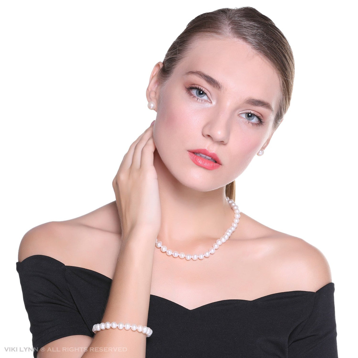 Freshwater Cultured Pearl Necklace Set Includes Stunning Bracelet and Stud Earrings Jewelry for Women Gift for Mother's Day, Anniversary, Birthday, Wedding