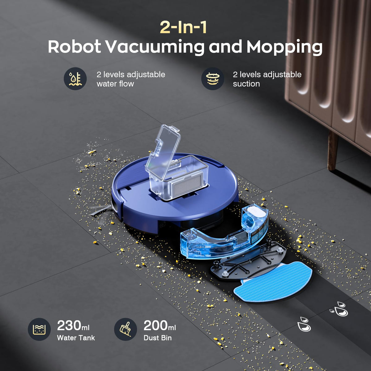 Robot Vacuum and Mop, Strong Suction, App Control, Pet Hair, Self-Charging