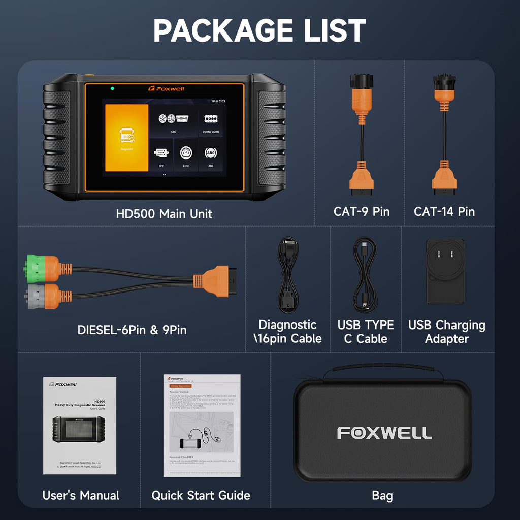 FOXWELL HD500 Heavy Duty Truck Scanner with DPF Regen/Injector Cutoff/Speed Limit Setting, Full System Diagnostic Scan Tool for Cummins, Detroit, Caterpillar, Paccar, Pickup Trucks, Black