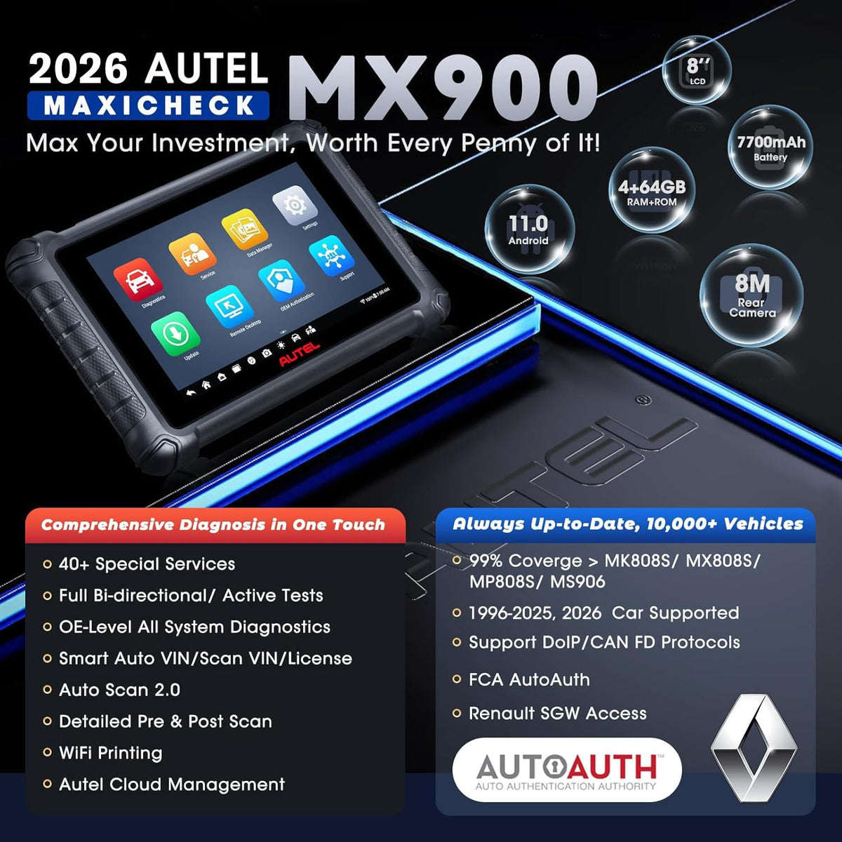 Autel Scanner MaxiCheck MX900, 2026 US Ver. of MK900 MK900BT, CAN FD & DoIP