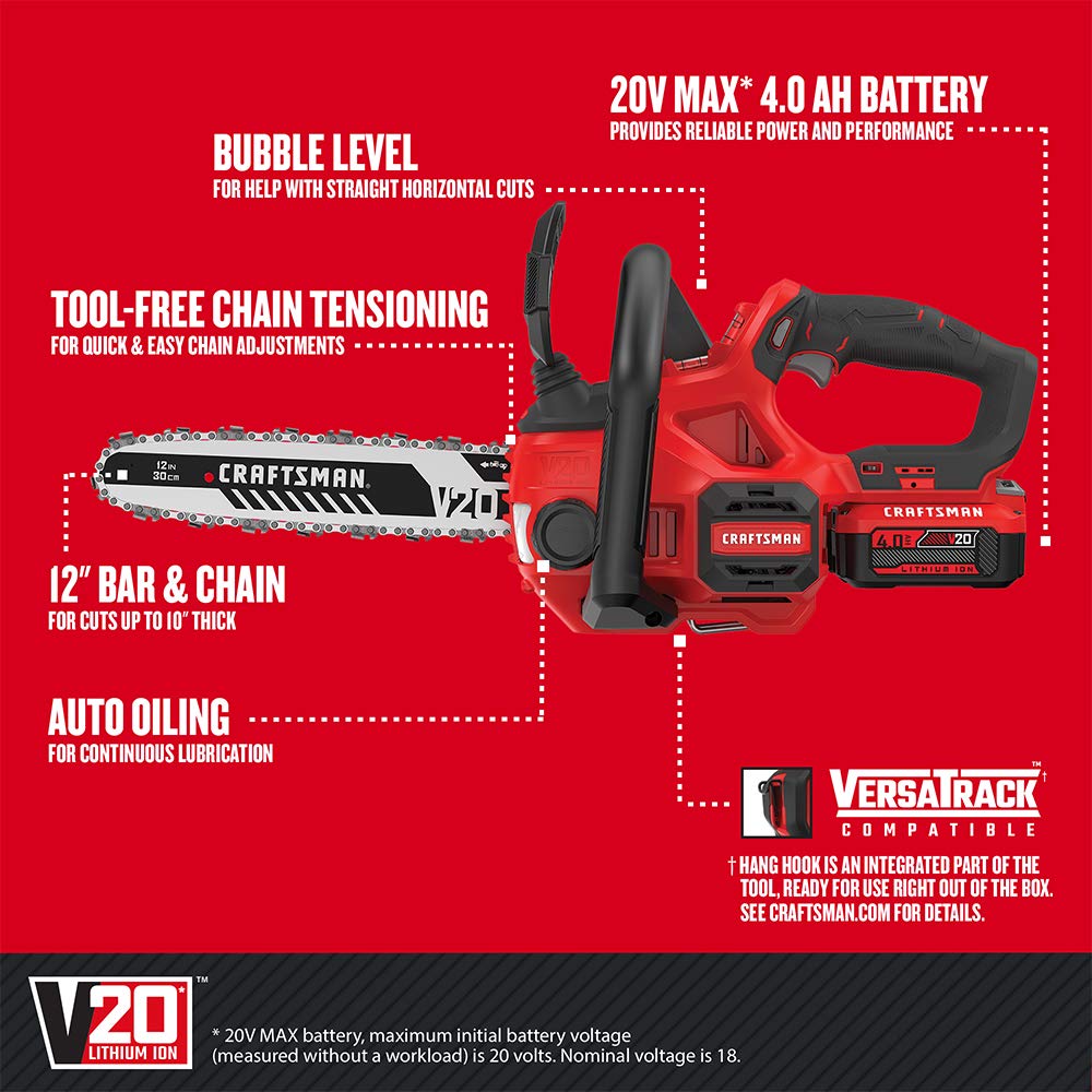 CRAFTSMAN V20 Cordless Chainsaw, 12-Inch Electric Chainsaw, Battery Powered, Battery and Charger Included (CMCCS620M1)