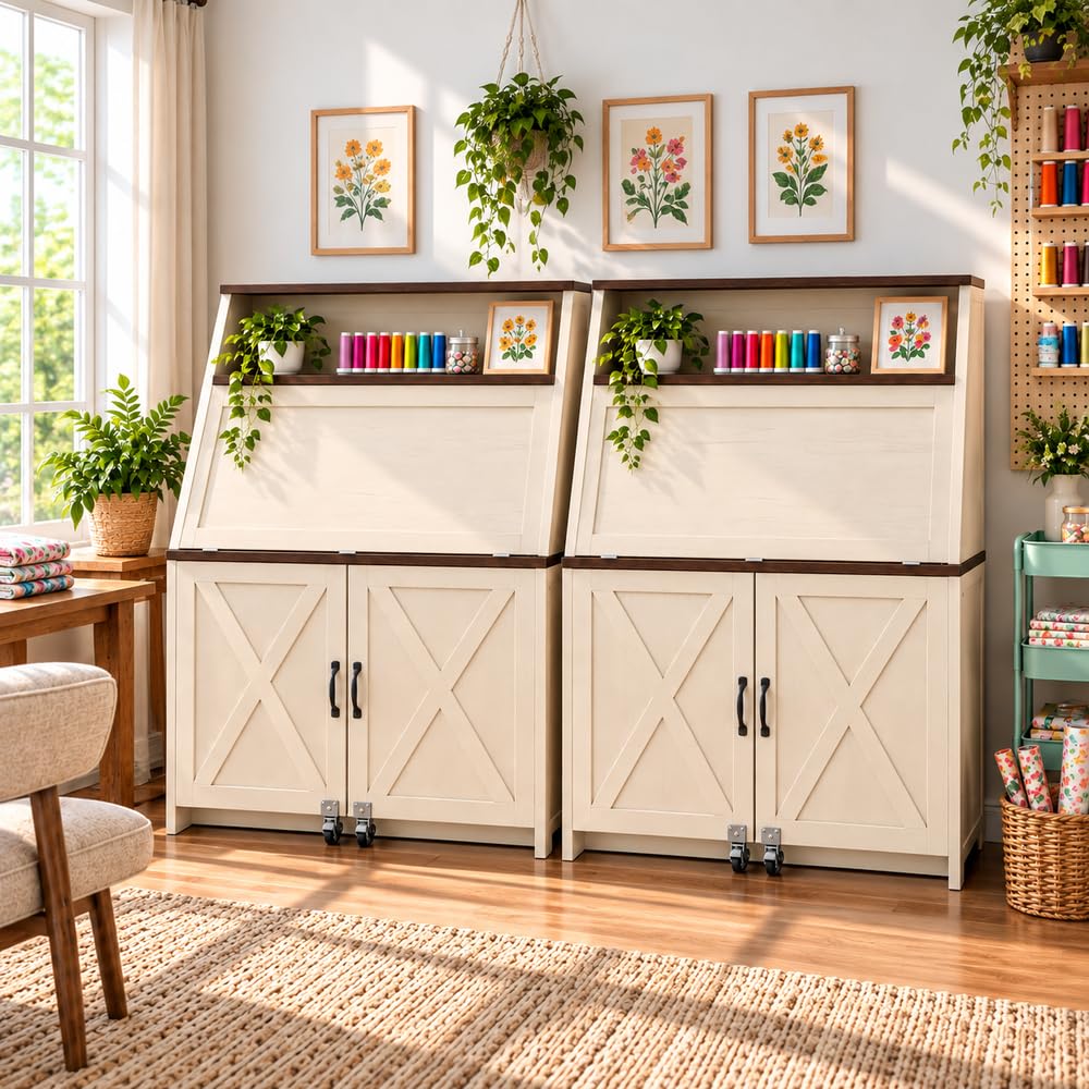 Foldable Sewing Craft Table with Storage Cabinet & Power Outlets, White