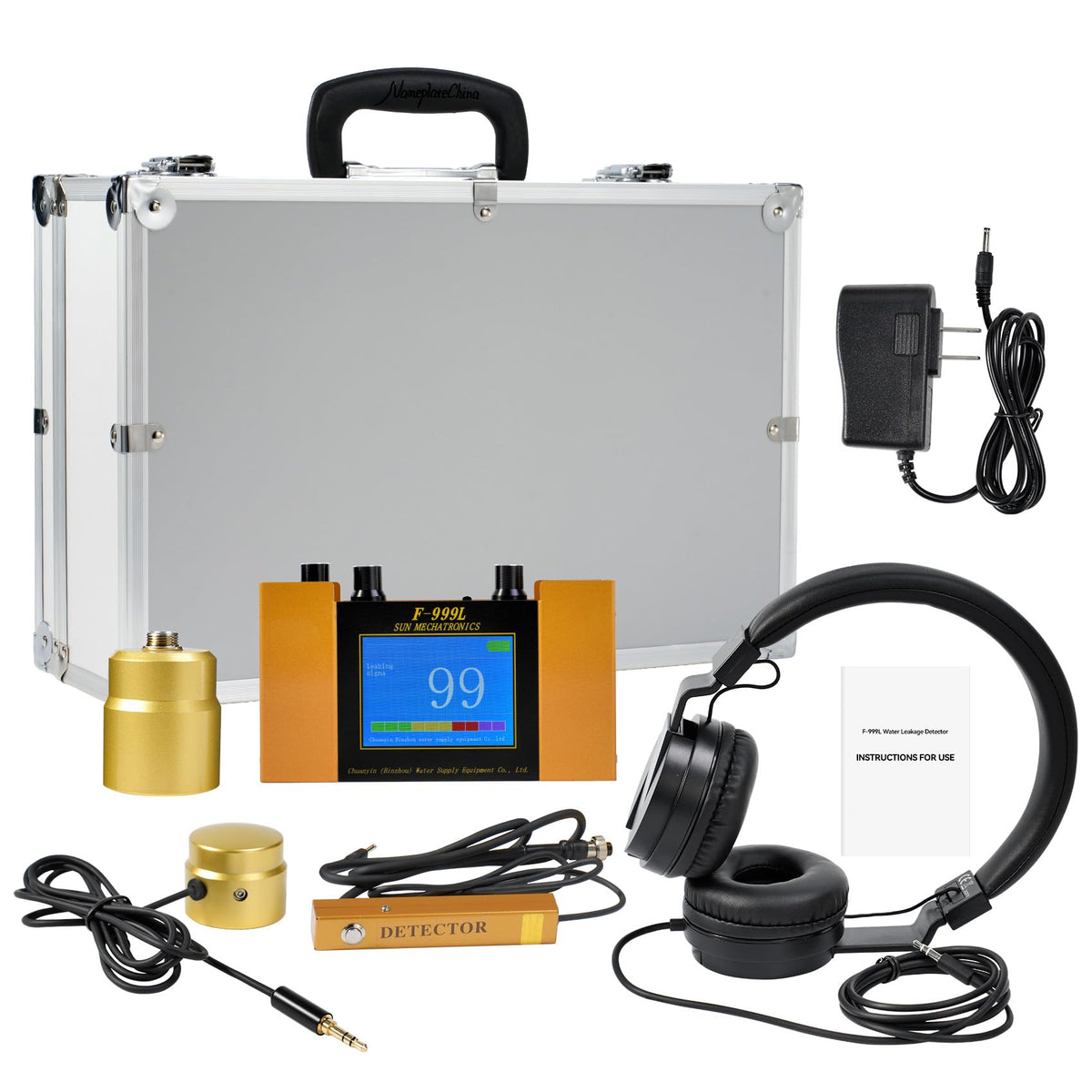 Underground Water Leak Detector, Water Pipe Leak Monitor w/ Dual-Size Sensors for Precise Positioning, High-Sensitivity Digital Display, Ultrasonic & 4-Level Adjust, Includes Earphone & Carrying Case