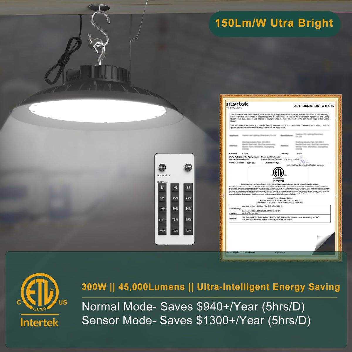 6Pack Smart 300W LED High Bay Shop Lights Motion Sensor UFO Lights