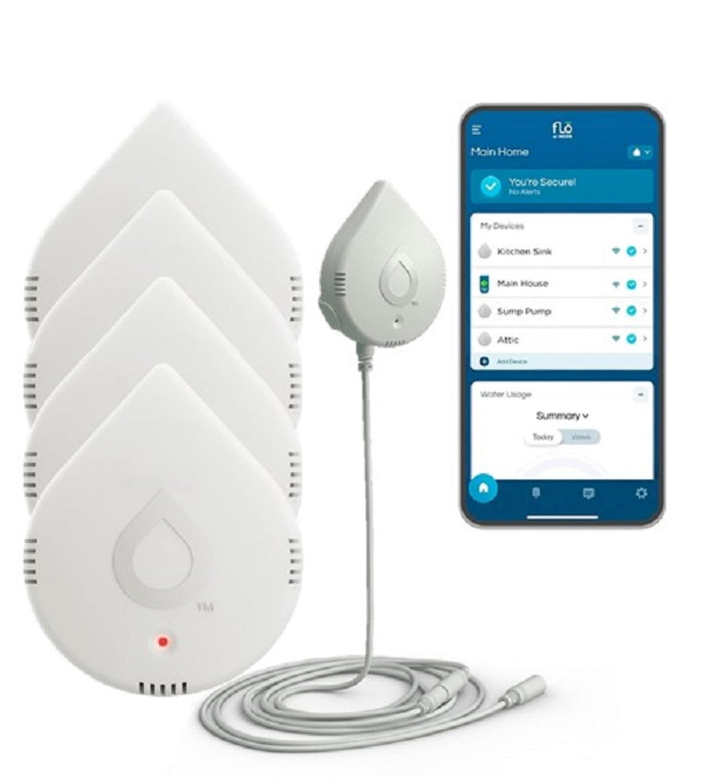 Moen 920-005 Flo Smart Water Leak Detector, White, 3-Pack with 3-Pack 6-Foot Leak Sensing Cable