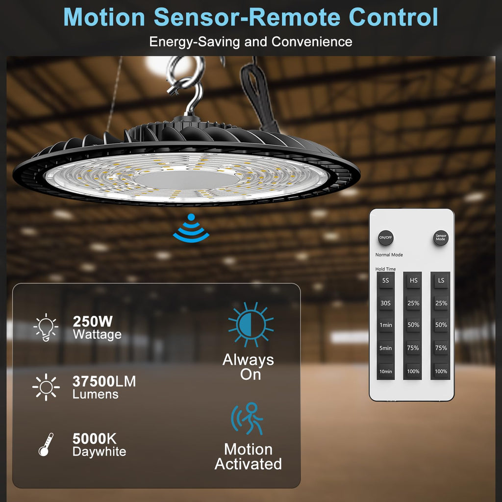 Lightdot Smart 250W High Bay LED Shop Lights 37,500LM High Bay Lights with Controller (Supports ON/OFF Mode & Motion Sensor Mode) ETL-Listed US Plug for Workshop, Garage, Warehouse-6Yrs Warranty-4Pack