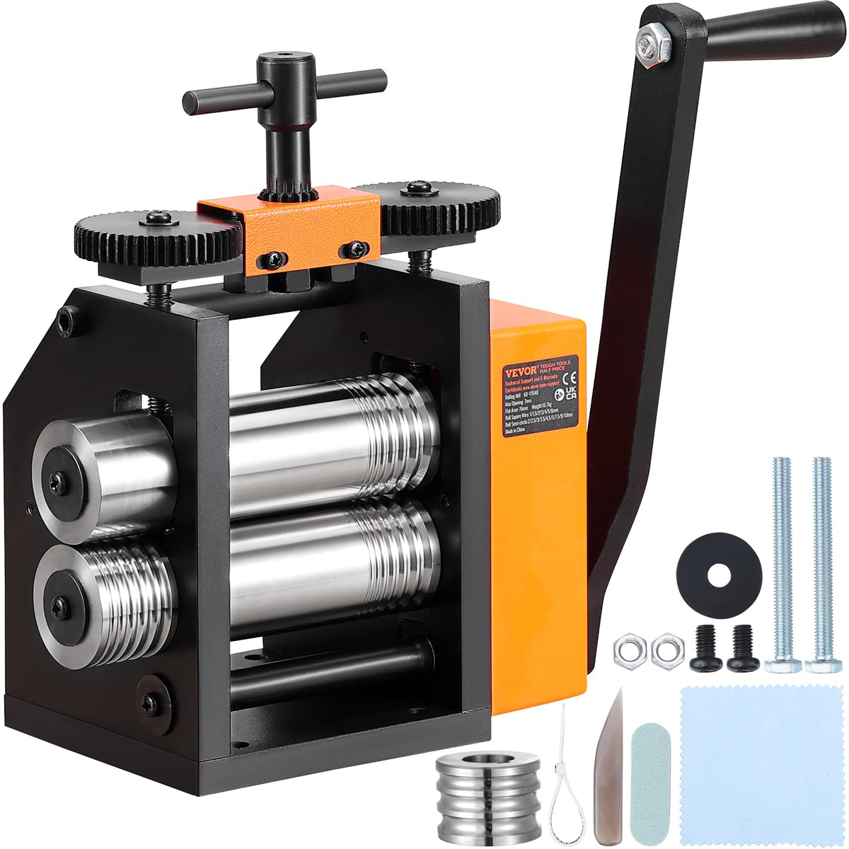 VEVOR Jewelry Press, 75mm Width, 3-in-1 Functionality, Gear Ratio 1:2, Adjustable 0.03-6.5mm Press Thickness, Ideal for Crafting Metal Jewelry Sheets, Squares, Wires, and Semicircles