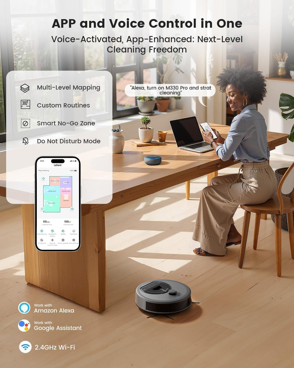Lefant Robot Vacuum and Mop, Smart Mapping and Obstacle Avoidance, Tangle-Free Pet Hair, 2.4G/5G WiFi App Control, Slim Design for Wider Coverage, Carpet Detection, M330 Pro, Grey