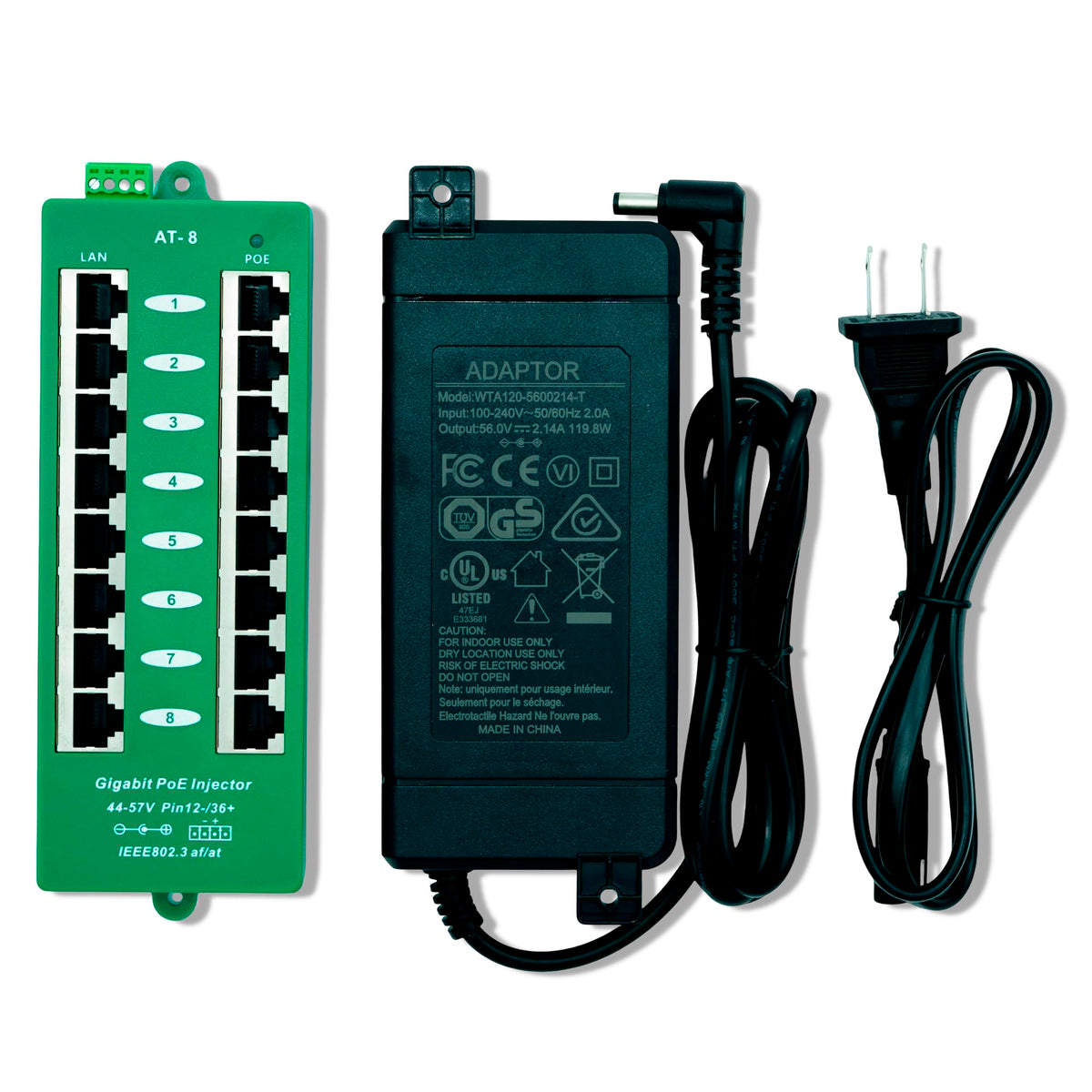 PoE Texas 8-Port Active Mode A PoE+ Injector, 56V 120W Supply