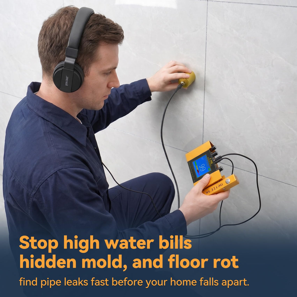 Underground Water Leak Detector, Water Pipe Leak Monitor w/ Dual-Size Sensors for Precise Positioning, High-Sensitivity Digital Display, Ultrasonic & 4-Level Adjust, Includes Earphone & Carrying Case