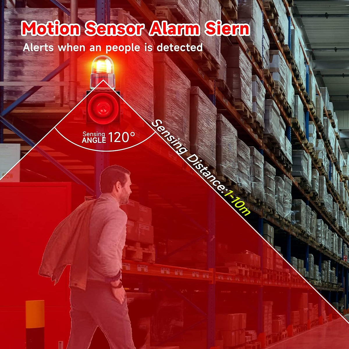 Motion Sensor Alarm 120dB Horn Adjustable Volume Tones Waterproof LED Strobe Light Sirens Motion Detector Alarm System for Factories, Warehouses and Docks Security AC110-120 V SLA-01W