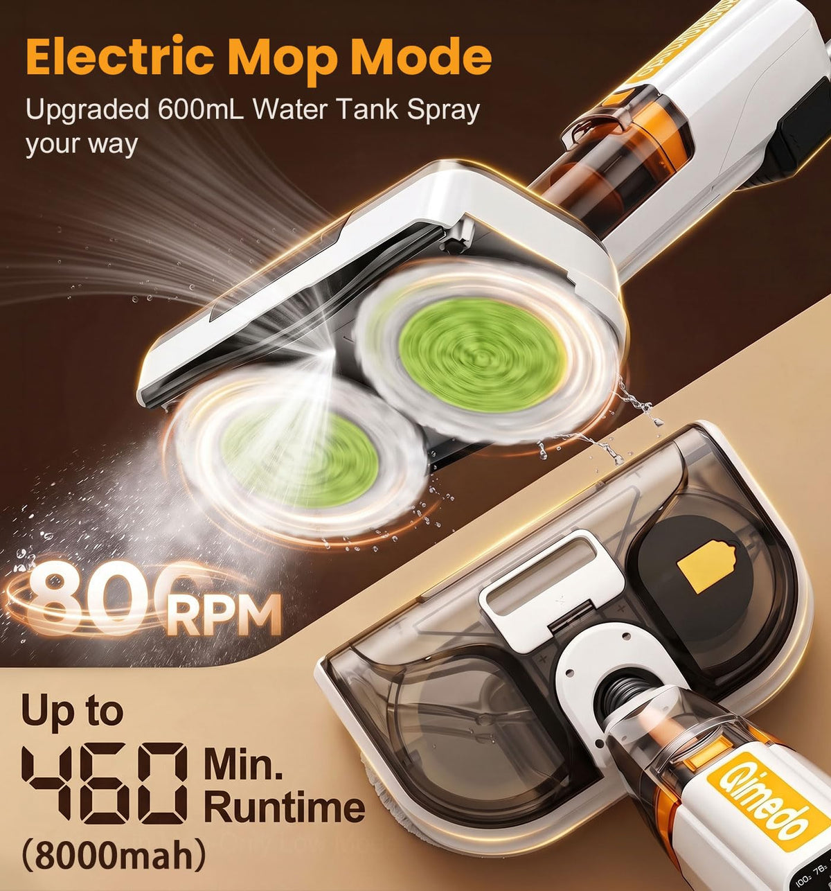 800RPM Electric Mop X1, 8000Mah Cordless Vacuum Mop Combo, Floor Machine