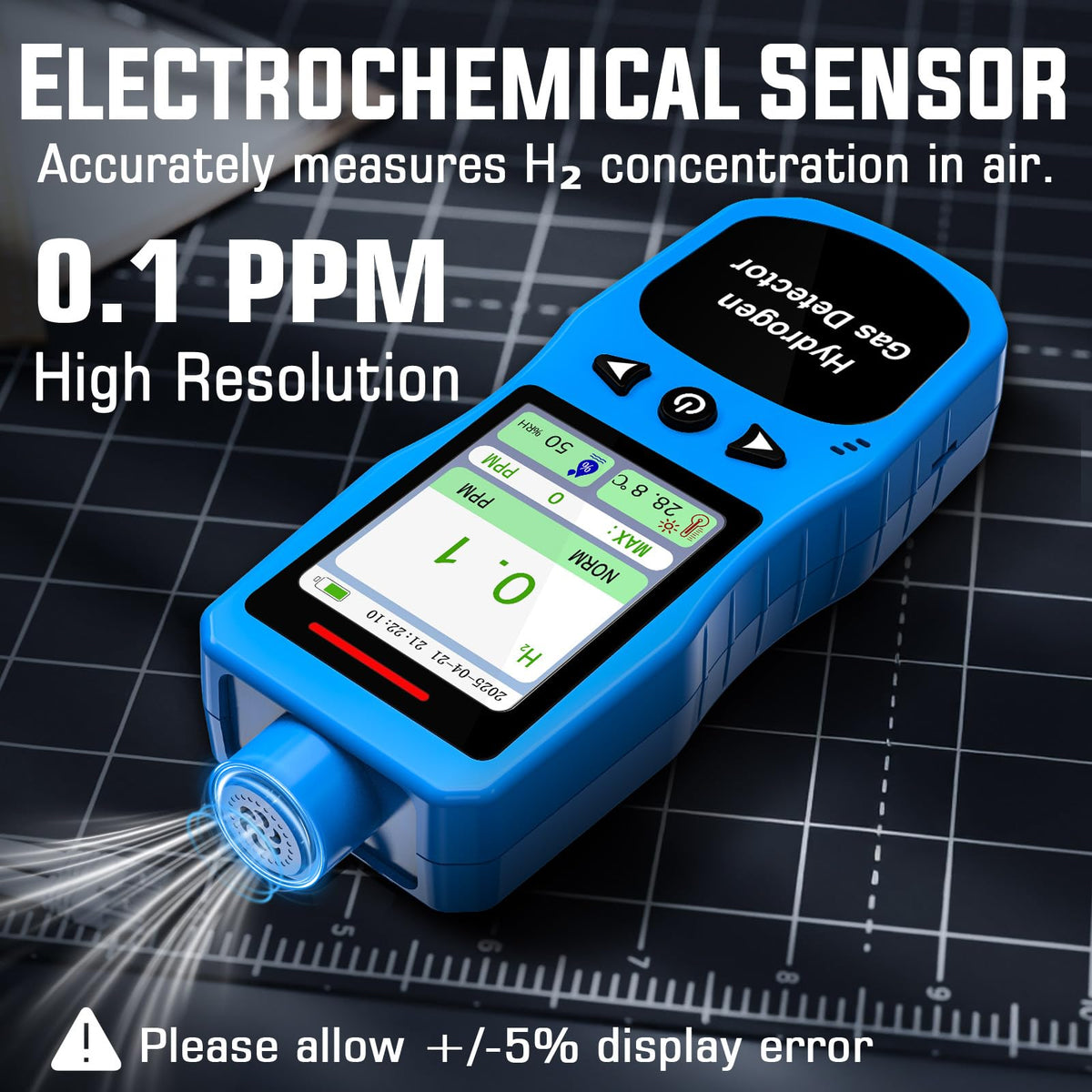 Hydrogen Gas Detector 0-1000 PPM, 0.1 PPM High Accuracy H2 Monitor with 3 Types Alarm, Rechargeable Hydrogen Meter, Portable H2 Air Quality Meters with Temperature Humidity Tester
