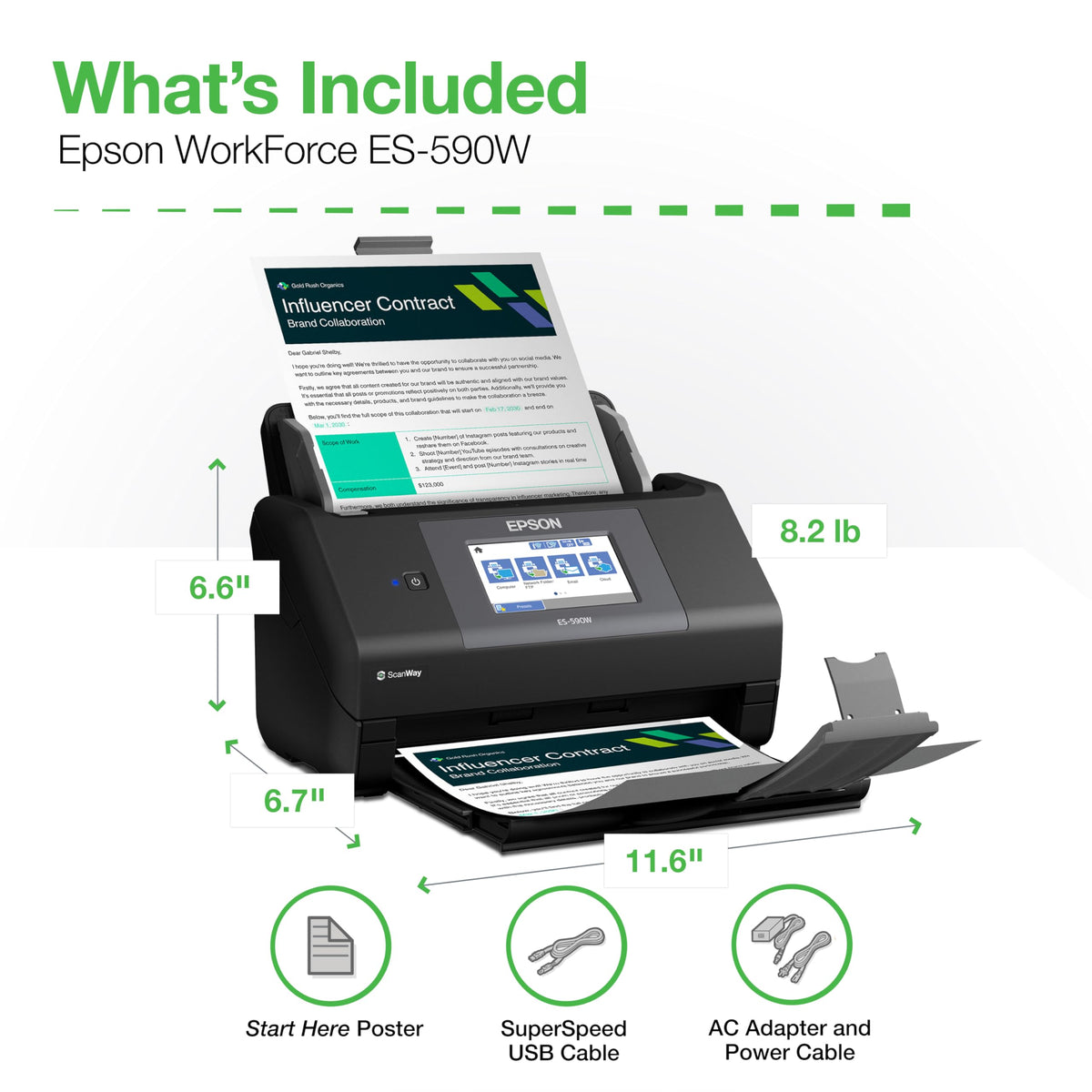 Epson Workforce ES-590W Wireless & USB High-Speed AI & Cloud Ready Desktop Color Duplex Document Scanner for Mac & PC, up to 45 ppm, Large 4.3" Color Touchscreen, 100-Page Auto Document Feeder