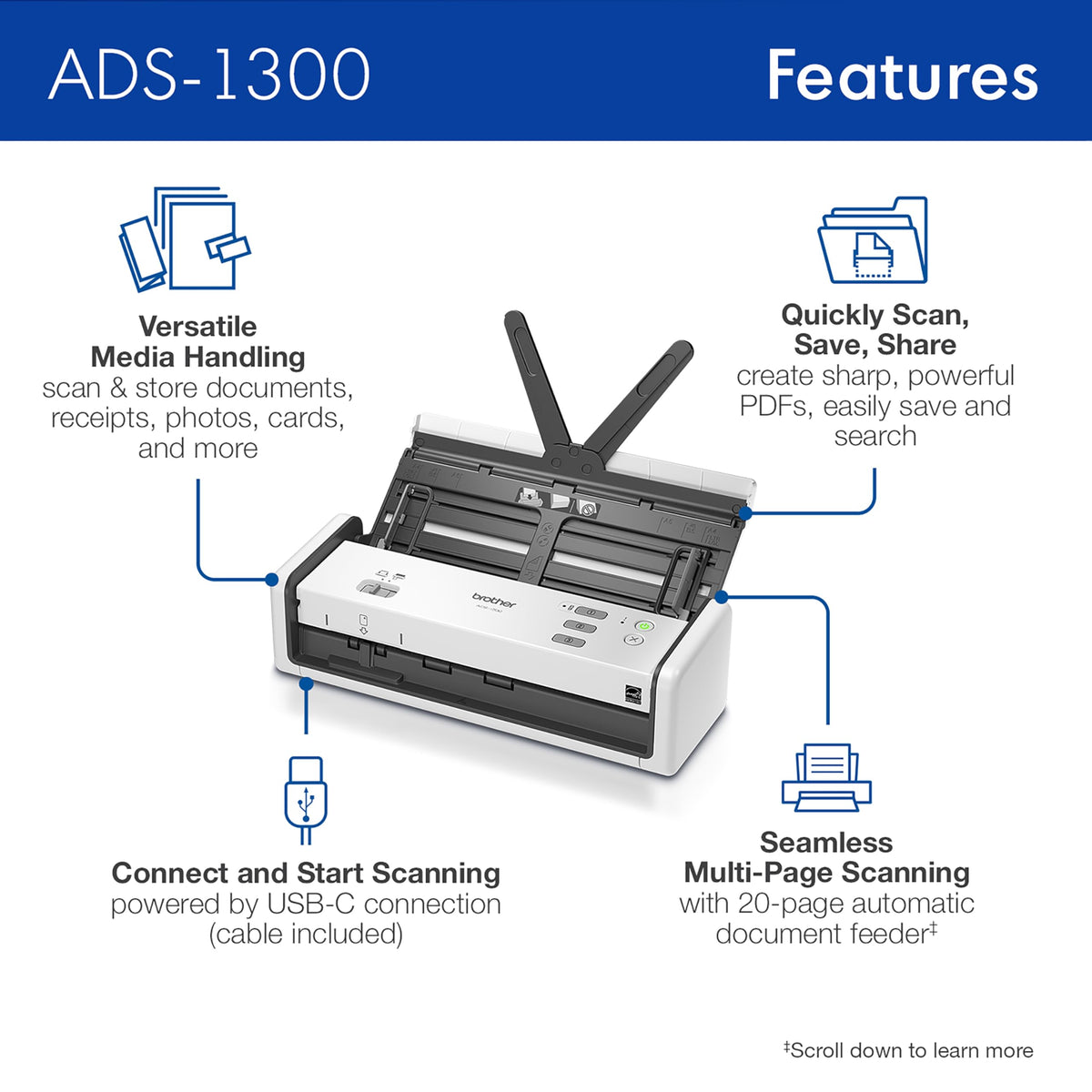 Brother ADS-1300 Compact Desktop Scanner | Scan Speeds of Up to 30ppm | Single Pass Double-Sided Scanning (Renewed Premium)