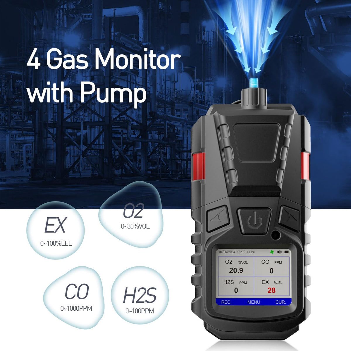 Gas Detector with Pump, 4 Gas Monitor Multi Gas Detector CO EX O2 H2S Meter