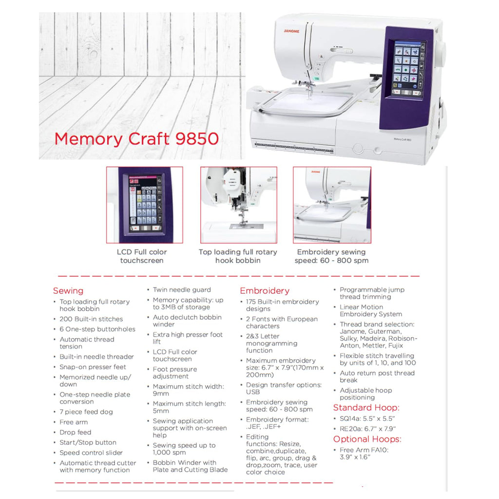 Janome Horizon Memory Craft 9850 Embroidery and Sewing Machine