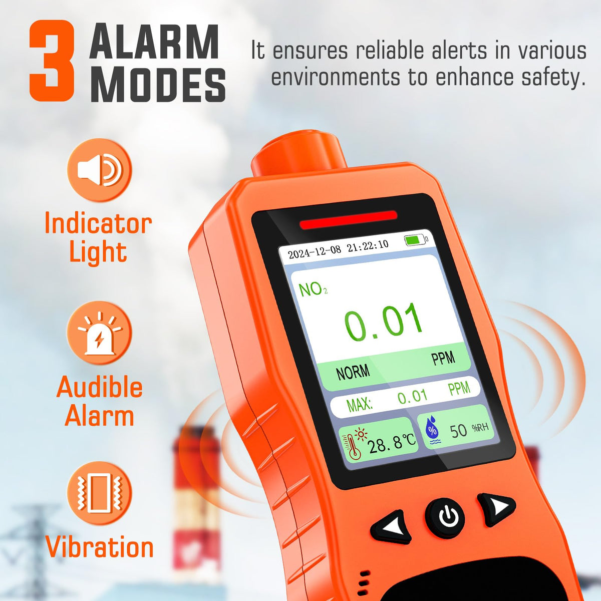 Portable Nitrogen Dioxide Gas Detector, 0-50PPM NO2 Monitor, Rechargeable Nitrogen Dioxide Meter for 16H Battery Life, NO2 Air Quality Meters with Alerts, Electrochemical Sensor