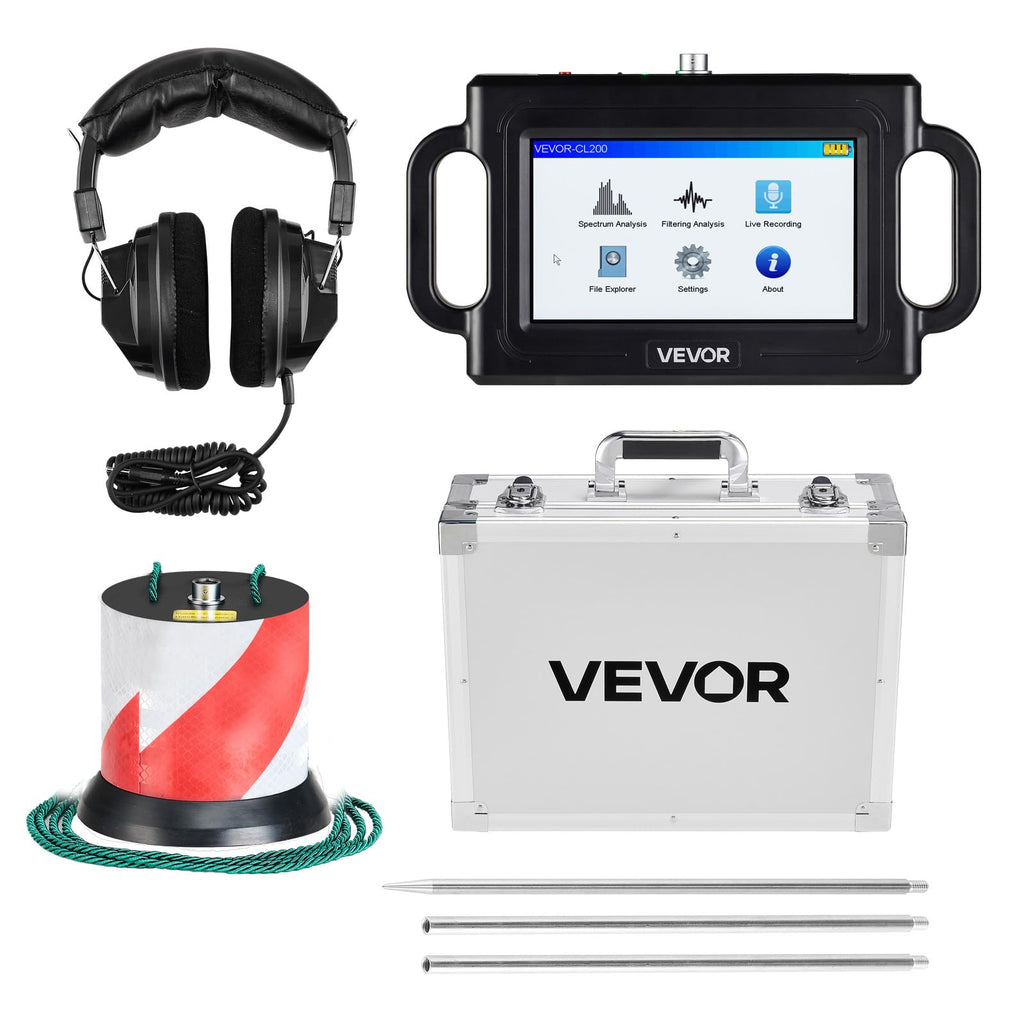 VEVOR Pipe Water Leak Detector with 4 Sensors, 1Hz-10000Hz, 7" Touchscreen Underground Plumbing Leakage Detection Locator with 3 Listening Rods, Headphones, 8GB Card & Carry Case for Indoors Outdoors