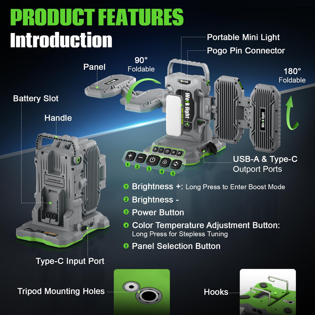 10000LM LED Work Light Compatible with Craftsman 20V Battery