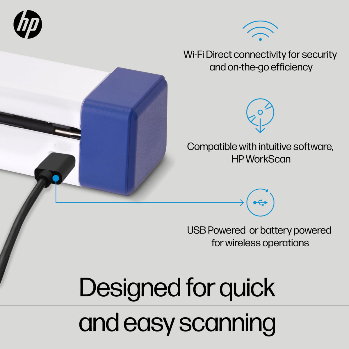 HP PS100W Portable Document Scanner for Laptop, Wi-Fi Direct, 8.5" x 14"