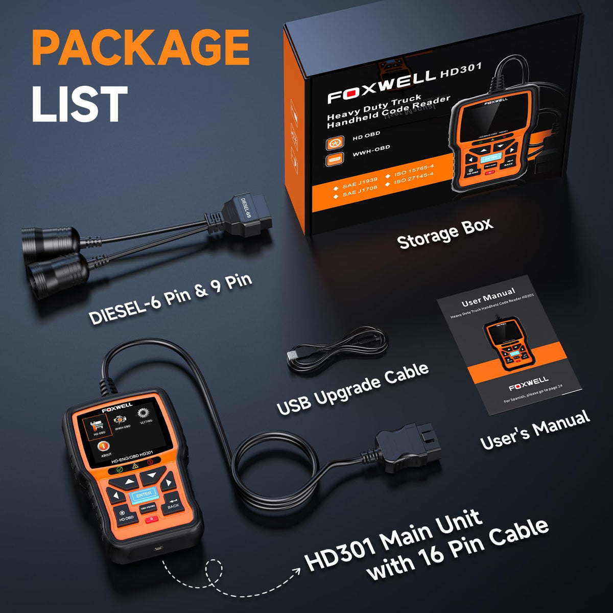 FOXWELL HD301 Heavy Duty Truck Scanner, Full System Diesel Scan Tool with 6/9/16 Pin, 2 in 1 Code Reader for Trucks & Car Engine, Diesel Diagnostic Tool for Cummins, Paccar, Caterpillar