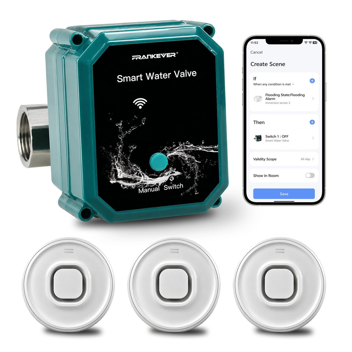 Smart Water Leak Protection Kit: Smart Water Valve + 3 Smart Leak Detector