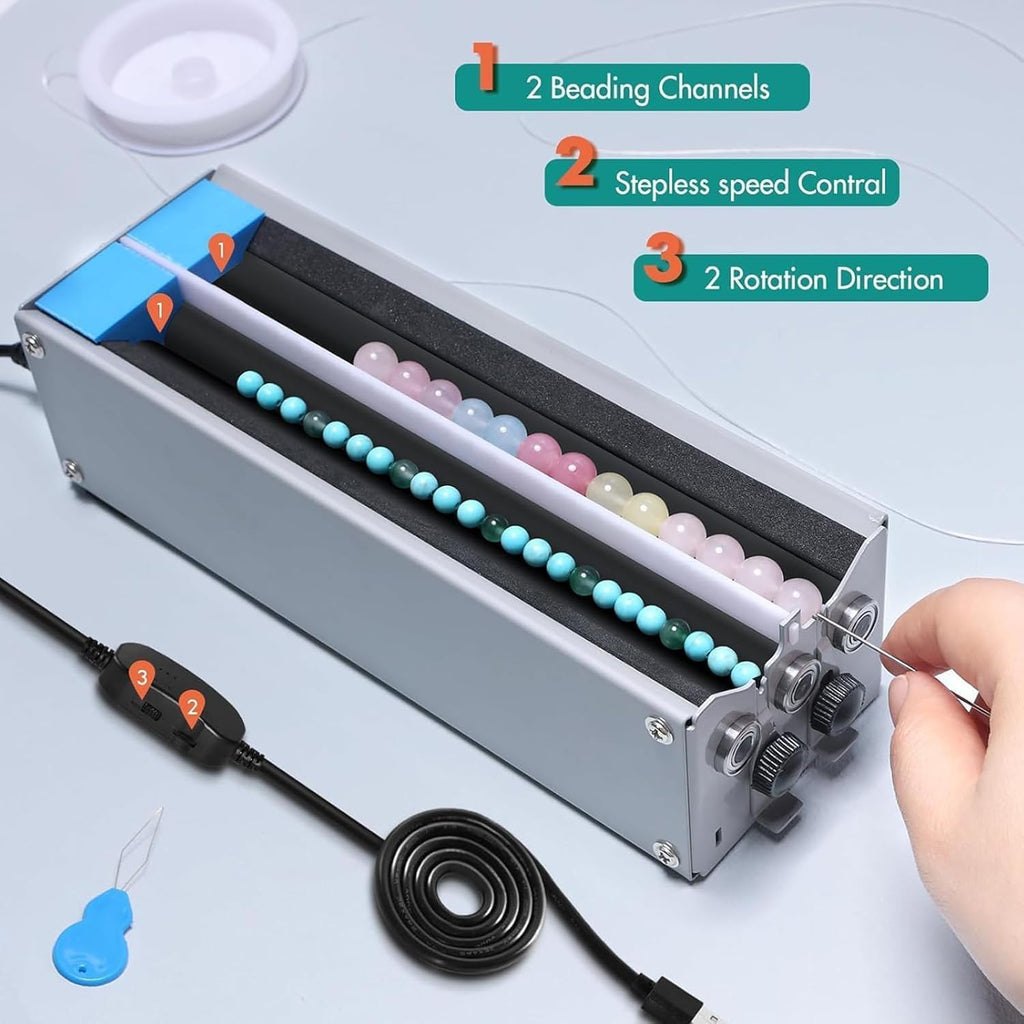 Piefeak Semi-Automatic Beading, 100W Electric Bead String Maker with Adjustable Roller Width, 2 Channels, Quick Beading for Jewelry Making