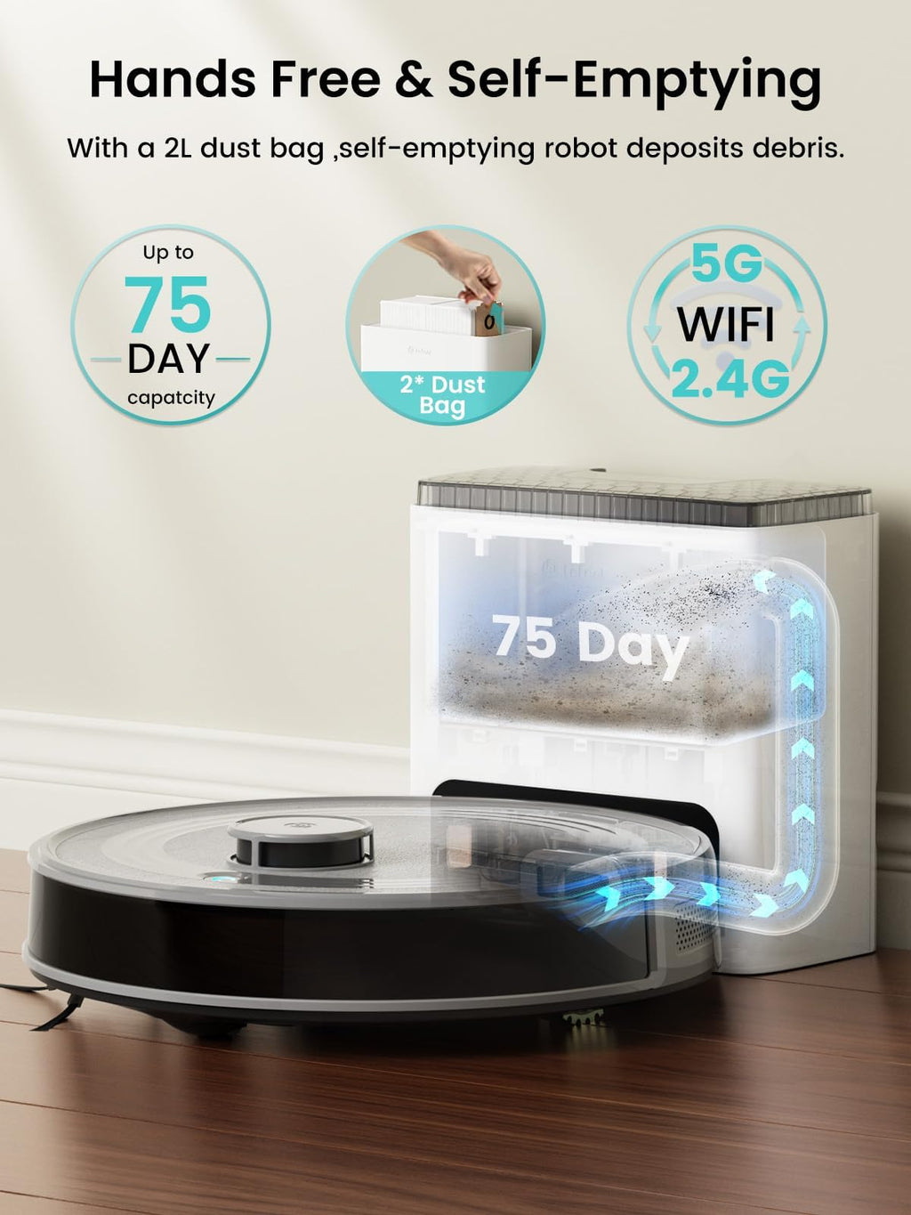 Lefant Robot Vacuum and Mop Combo, 10000Pa Suction, 75-Day Self-Emptying Base with Multi-Floor Mapping, 240Min Runtime, Ideal for Pet Hair & Carpets, Wi-Fi/Alexa/App Control, M2S Plus