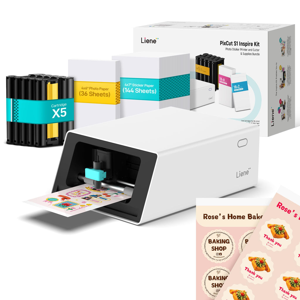Liene PixCut S1 Color Sticker Printer & Cutting Machine - All-in-One Sticker Maker for DIY Crafts, Custom Labels & Gifts. Thermal Dye-Sublimation Photo Printer, 300 DPI, Precise AI Auto-Cutting