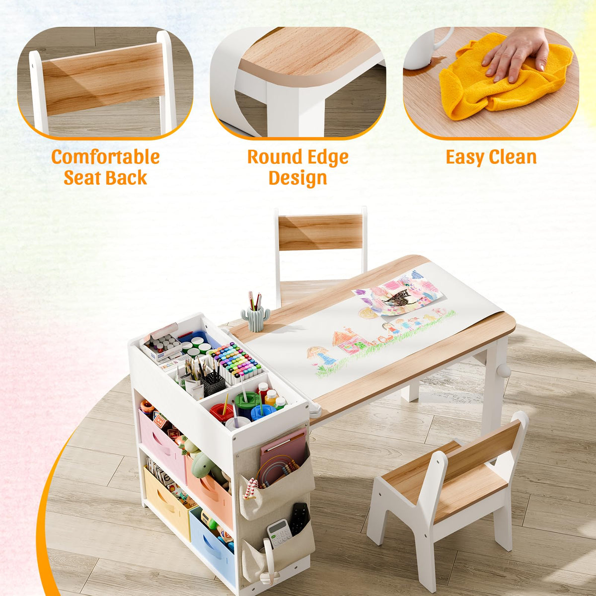 Kids Art Table and Chair Set with 2 Chair & Bins, 41" L x 20" W, Natural