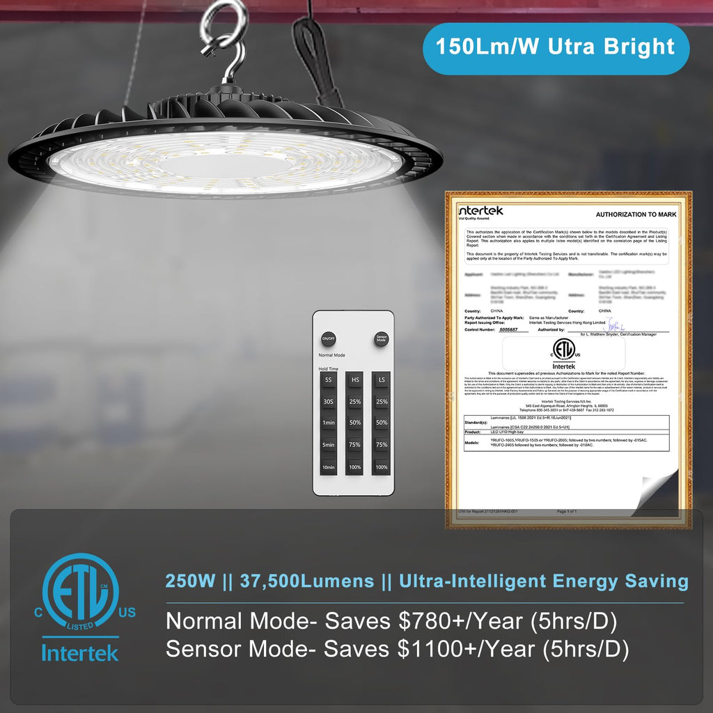 Lightdot Smart 250W High Bay LED Shop Lights 37,500LM High Bay Lights with Controller (Supports ON/OFF Mode & Motion Sensor Mode) ETL-Listed US Plug for Workshop, Garage, Warehouse-6Yrs Warranty-4Pack
